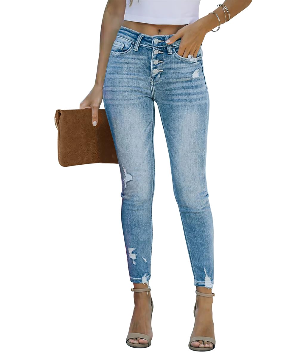 KUNMI Pantalones vaqueros rasgados ajustados para mujer, desgastados, elásticos, desgastados