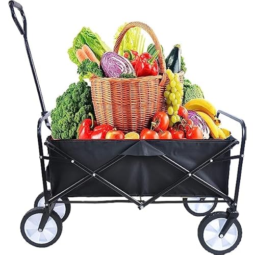 Collapsible Folding Utility Wagon, Folding Wagon Garden Shopping Beach Cart, Large Capacity Beach Wagon with All Terrain Wheels, Outdoor Portable Wagon for Camping, Garden, Shopping, Groceries (Black)