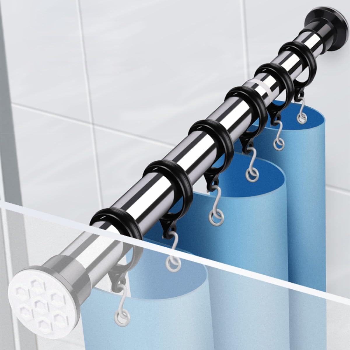 27～180インチ調節可能なシャワーカーテンロッド、金属製カーテンポール、カーテンシャワー用伸縮テンションロッド、穴あけ不要、落下防