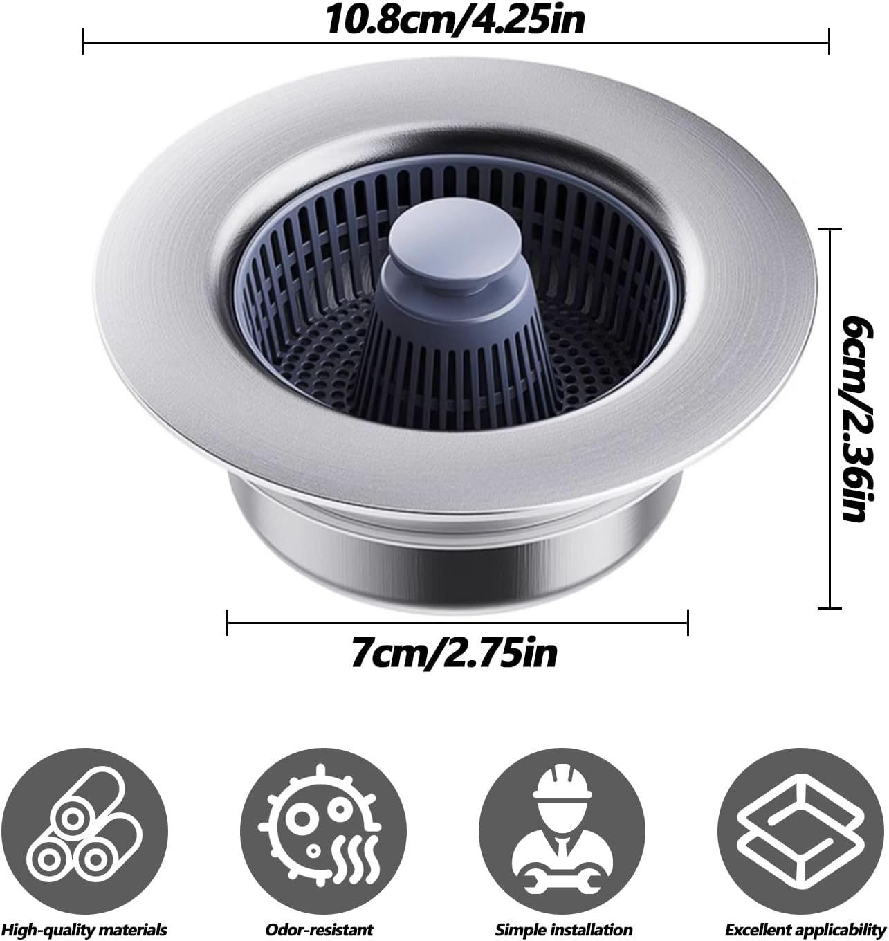 Kitchen Sink Strainer Drain Filter with Removable Basket, Fits Standard 3.5 Inch Drains, Easy to Clean and Prevent Clogs