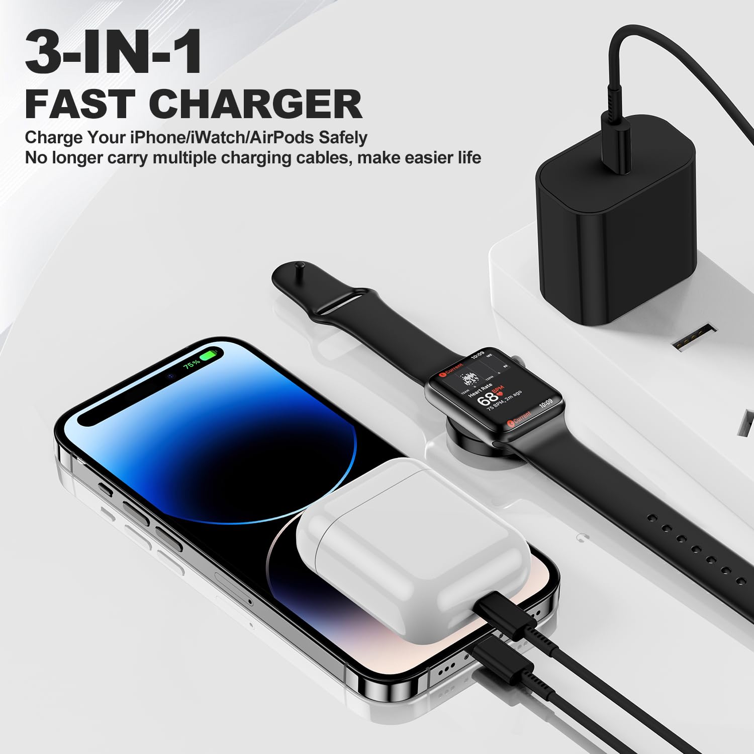 Apple Watch Charger USB C for iPhone&Watch, Upgraded 3 in 1 iWatch Charger Fast Charging Cord 6ft, Magnetic iWatch Charging Cable for Apple Watch Series Ultra 9/8/7/6/SE/5/4/3 & iPhone 14/13/12-Black