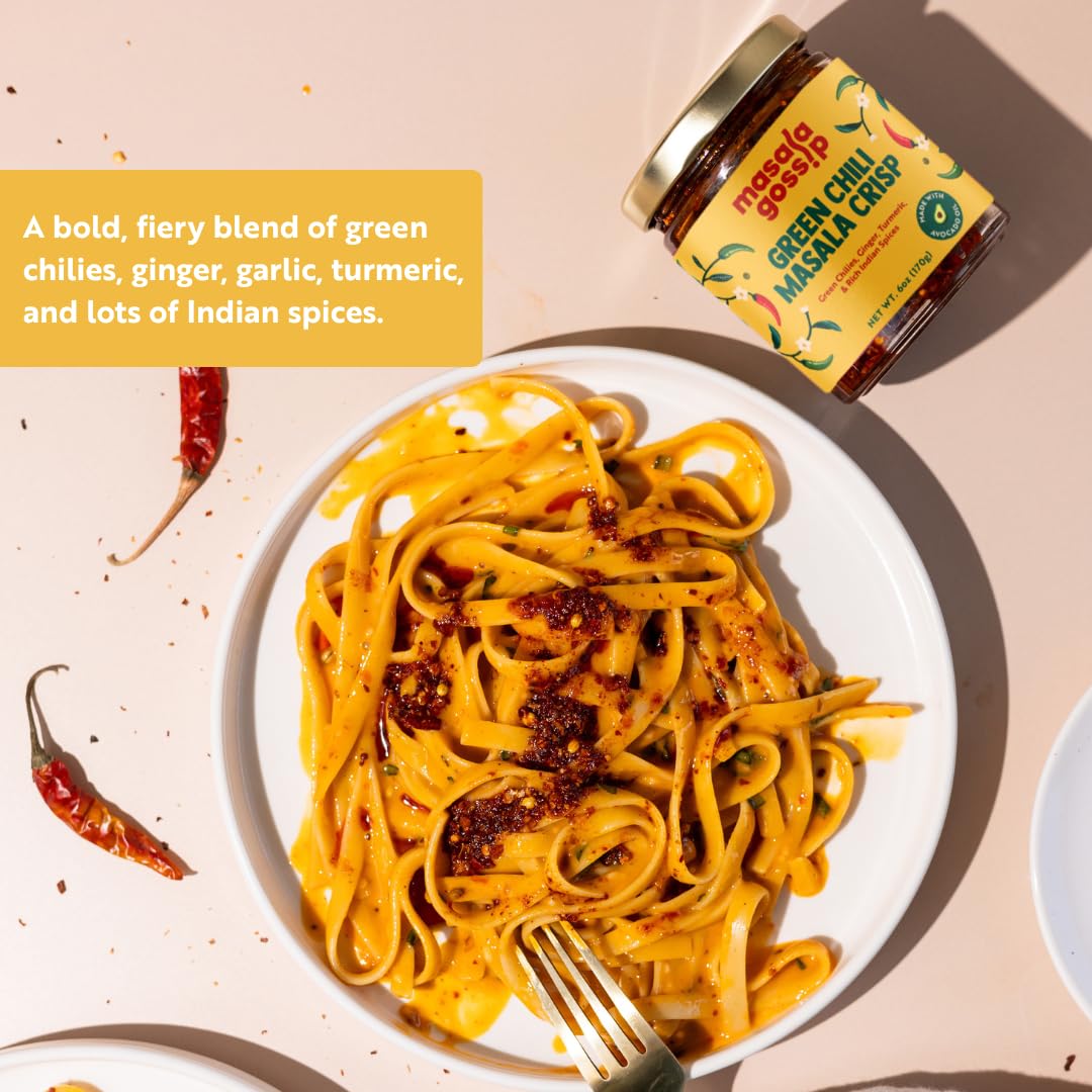 Masala Gossip Chili Crisp Bundle - Red & Green Crunchy Chili Oil with Garlic, Sichuan Flakes & Indian Spices - Savory Hot Sauce - Drizzle on Noodles, Toast, Veggies – Vegan, Seed Oil–Free 6oz (2Pack)