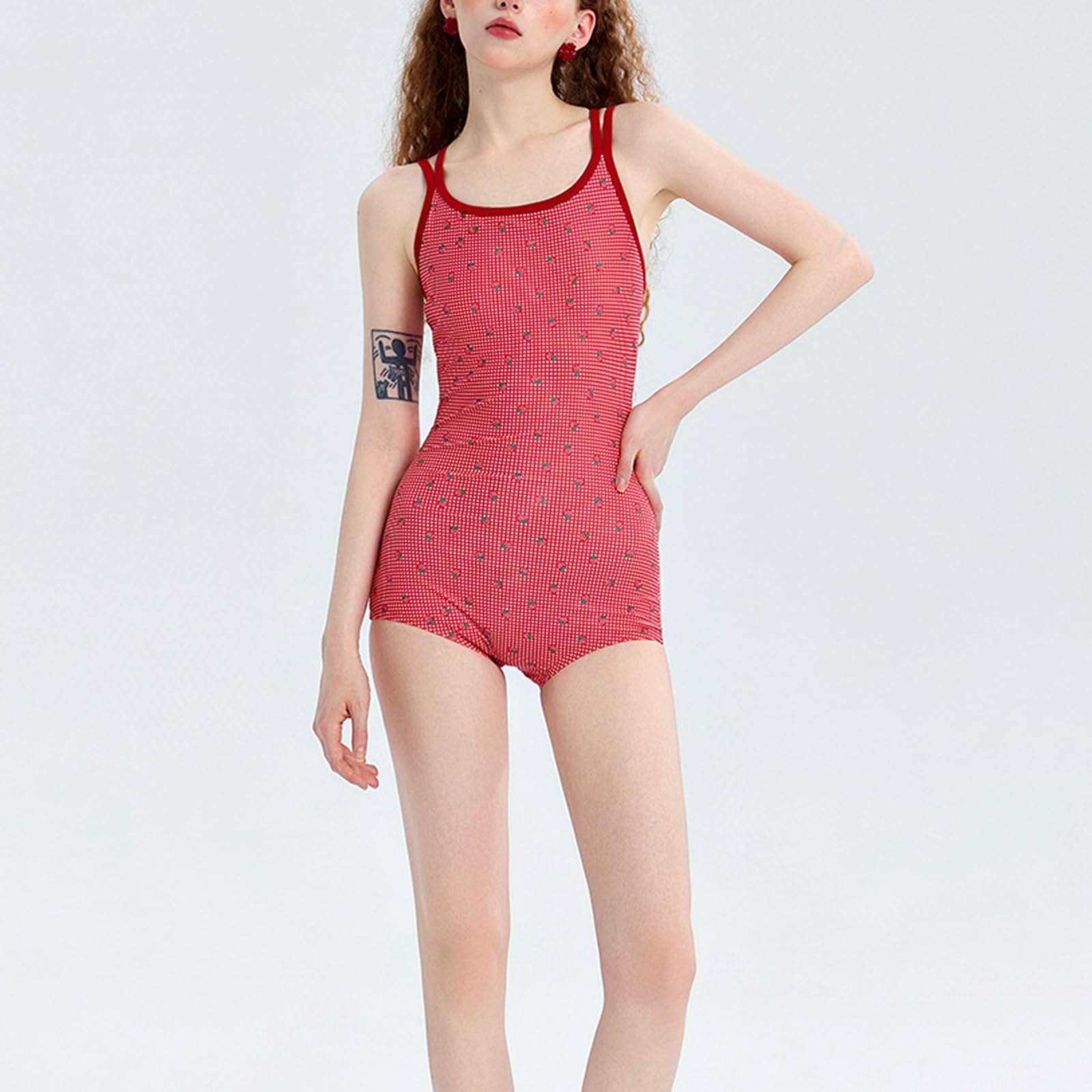 Costume da Bagno Intero A Quadretti Rossi, con Stampa A Fragole, Spalline Incrociate sulla Schiena, Imbottiture Removibili sul Seno, per Le Vacanze al Mare e in Piscina