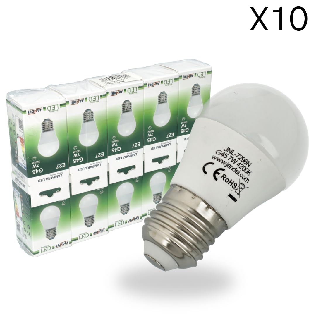 JANDEI - Confezione da 10 lampadine LED mini G45, attacco E27, 7W per lampade da soffitto, sistemi di illuminazione, Natale, applique decorative, lampade da tavolo, ufficio, (Bianco Neutro 4200K