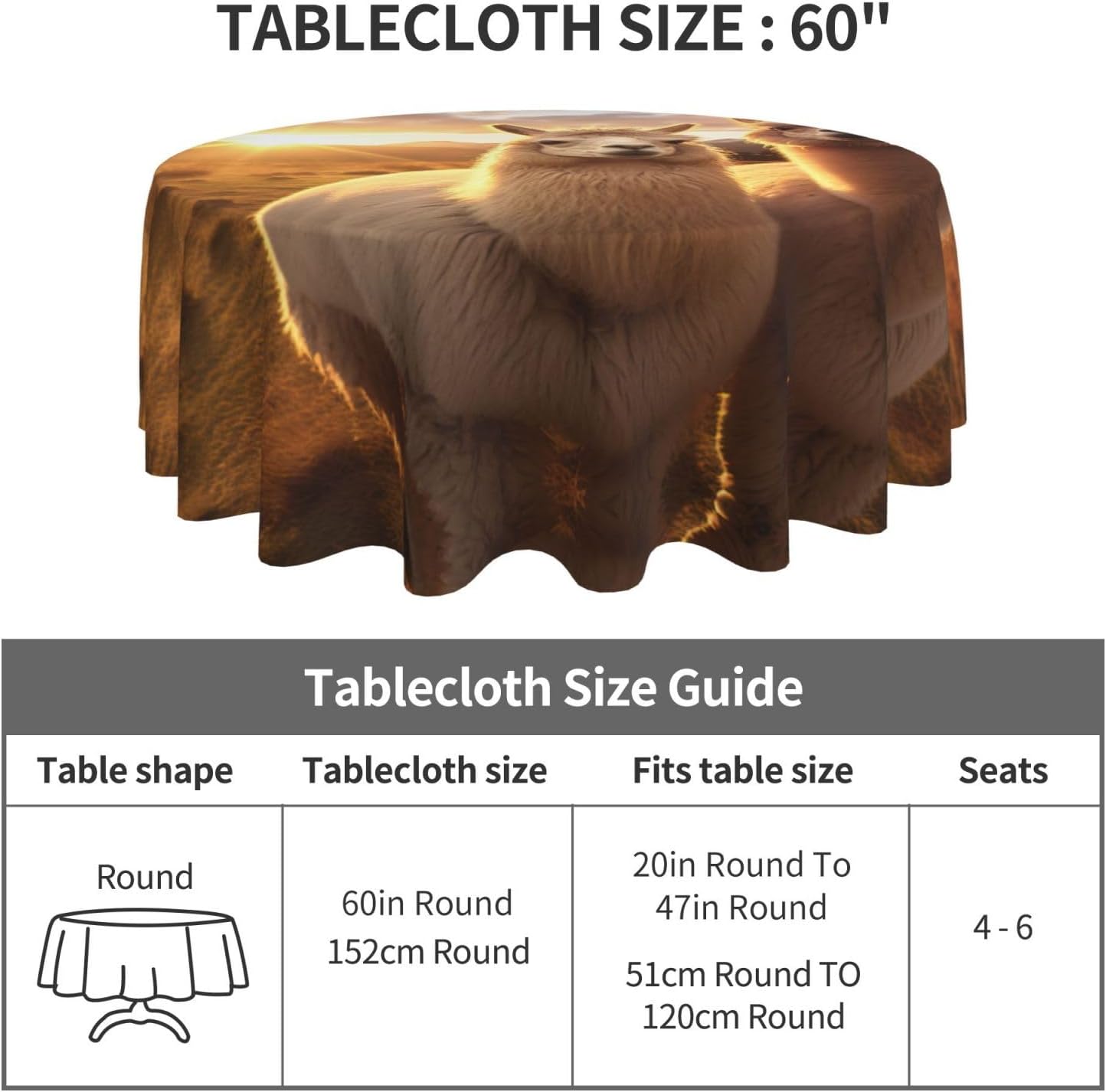 Alpaca Llama2 Print Wrinkle Free Dining Table Cover for Birthday Party Farmhouse Tablecloths Up to 60 x 60 Inches