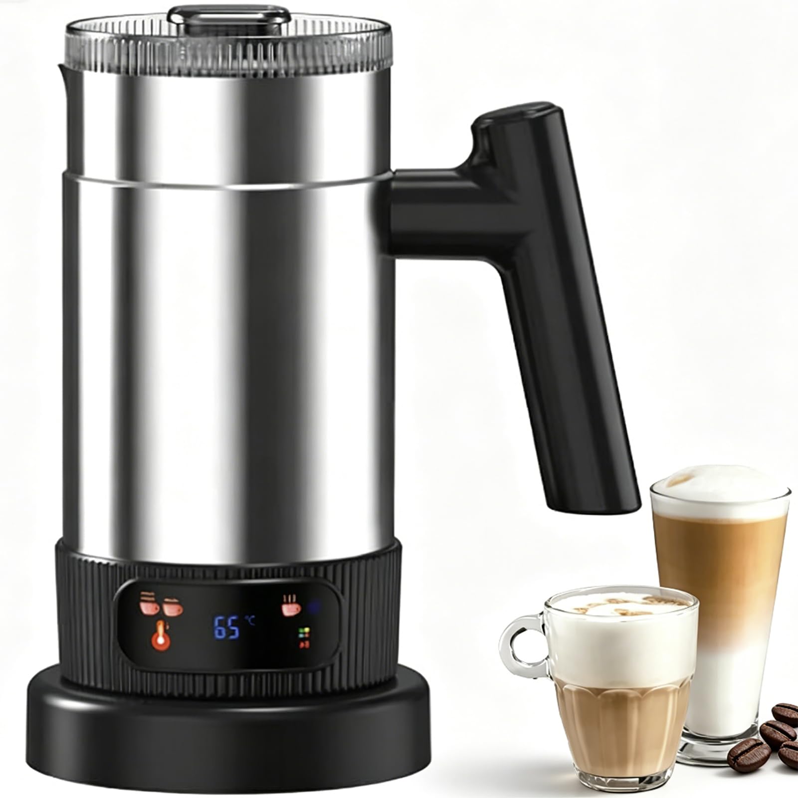 Espumador de Leche Eléctrico, 4 en 1, Hacedor de Espuma Caliente y Fría con Pantalla Táctil y Temperatura Ajustable 60-70°C, Interior Antiadherente de Acero Inoxidable, para Latte, Capuchino Macchiato