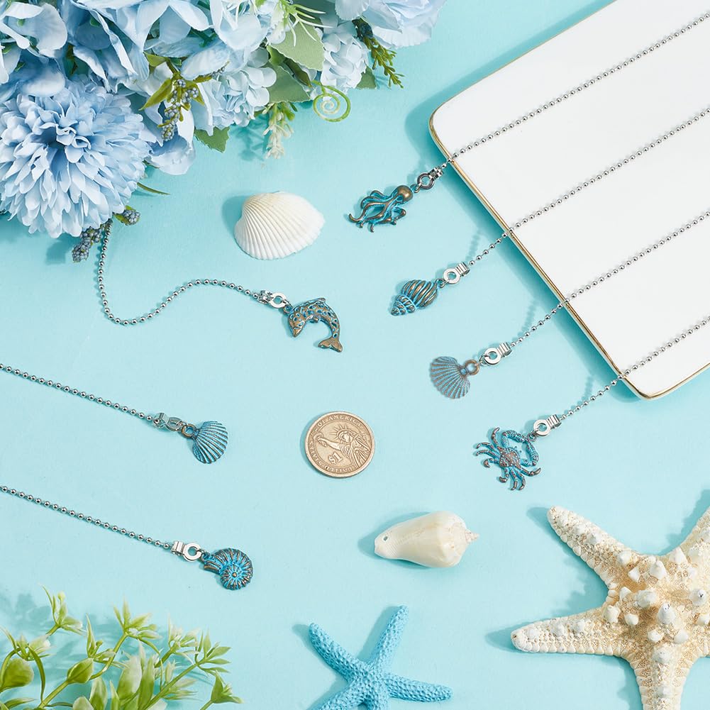 CRASPIRE 12Pcs Seashell Ceiling Fan Pull Chain Alloy Dolphin Crab Octopus Ocean Marine Animal Vintage Green Patina Hanging Pendant Charm Ball Chain Dangler Extension for Ceiling Fan Light Lamp Decor - Image 2