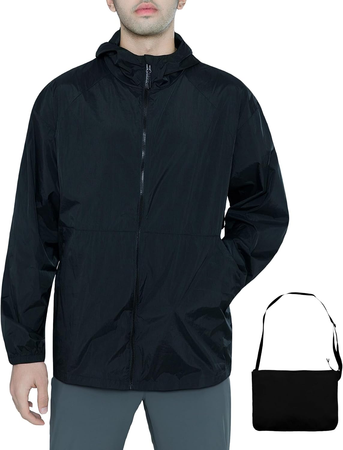 MERIDIANO Men's Lightweight Packable Jacket, UPF 50+ Sun & Water Resistant Windbreaker with Hood, Stain & Dog Hair Repellent