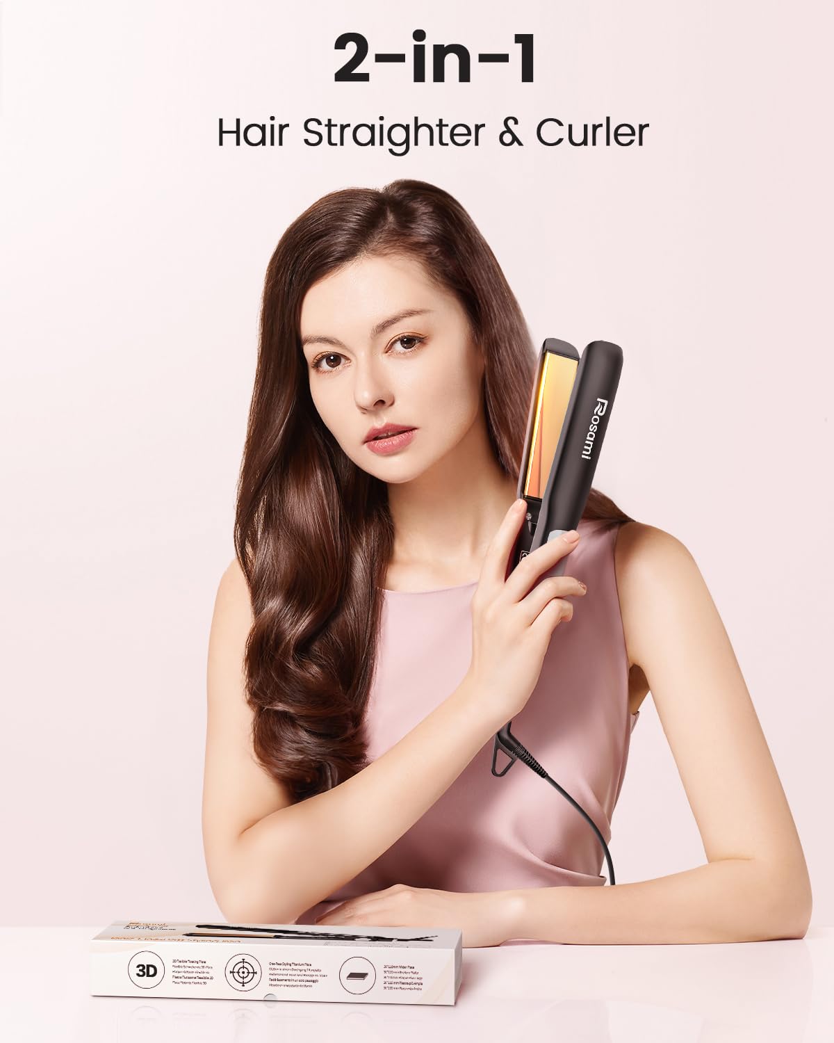Plancha de pelo 2 en 1 con tecnología de titanio e iones para un cabello ultra brillante, tiempo de calentamiento rápido de 20 segundos, pantalla LCD, alisado, rizado y ondas perfectas