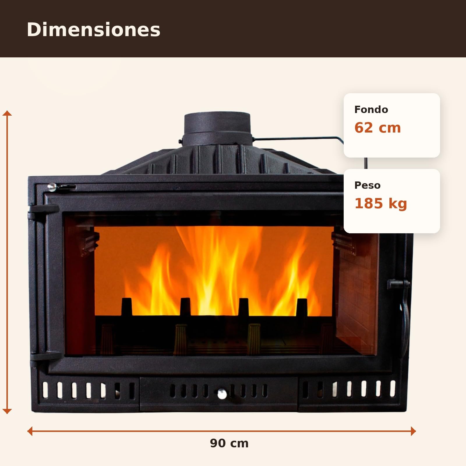 EIDER BIOMASA Hogar de Leña HOGAR 90 2 Caras – Chimenea de Leña de Doble Cara – 16,28 kW – Hierro Fundido – Rendimiento 78% – hasta 315 m³ – Doble Combustión