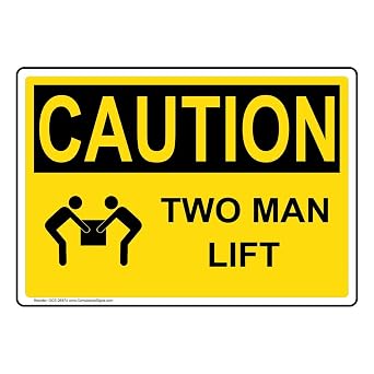 Caution Two Man Lift OSHA Safety Label Decal, 5x3.5 in. Vinyl 4-Pack for Industrial Notices