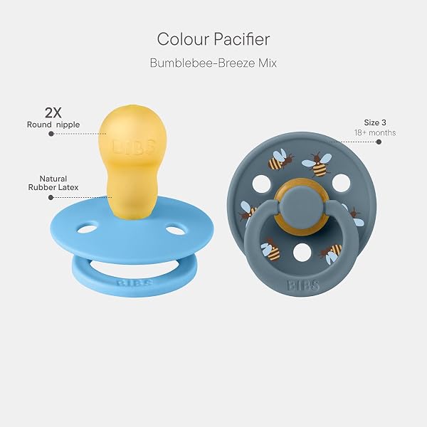 BIBS Colour Studio Soother 2-Pack, BPA Free Dummy Pacifier, Round Nipple. Natural Rubber Latex, Made in Denmark, Size 3 (18+ Months), Breeze/Petrol - 2
