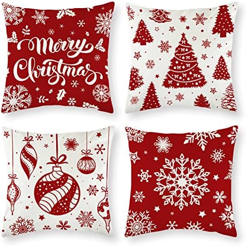 Christmas Cushion Cover Square Throw Pillow Case Cover Snowflake Cushion Cover Christmas Tree Cushion Cover for Bedroom Living Room Car Decoration - 18 x 18 inches