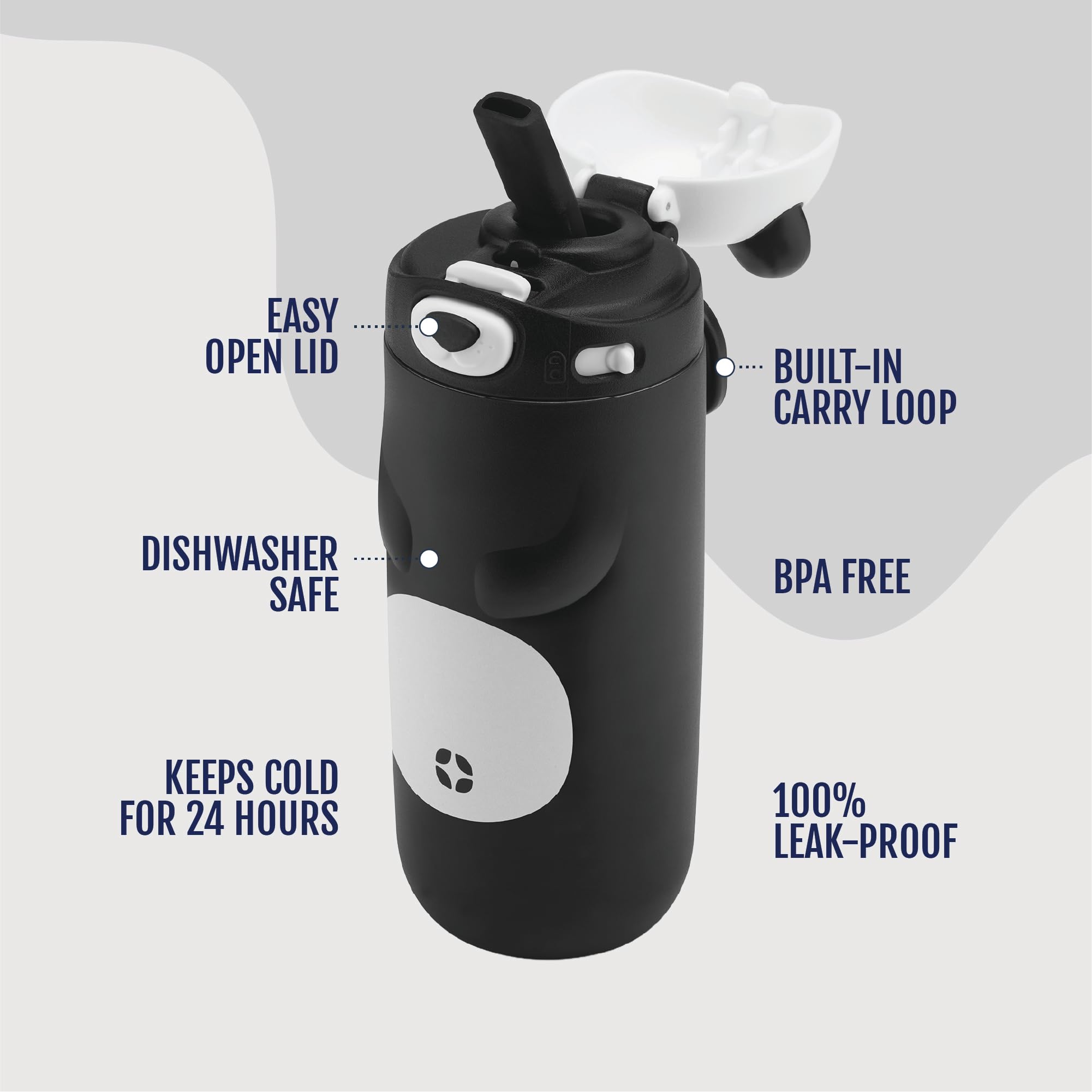Ello Ellies - Borraccia termica in acciaio inox per bambini, con cannuccia e maniglia per il trasporto integrata e coperchio di chiusura a prova di perdite, per zaino scolastico, portapranzo e sport