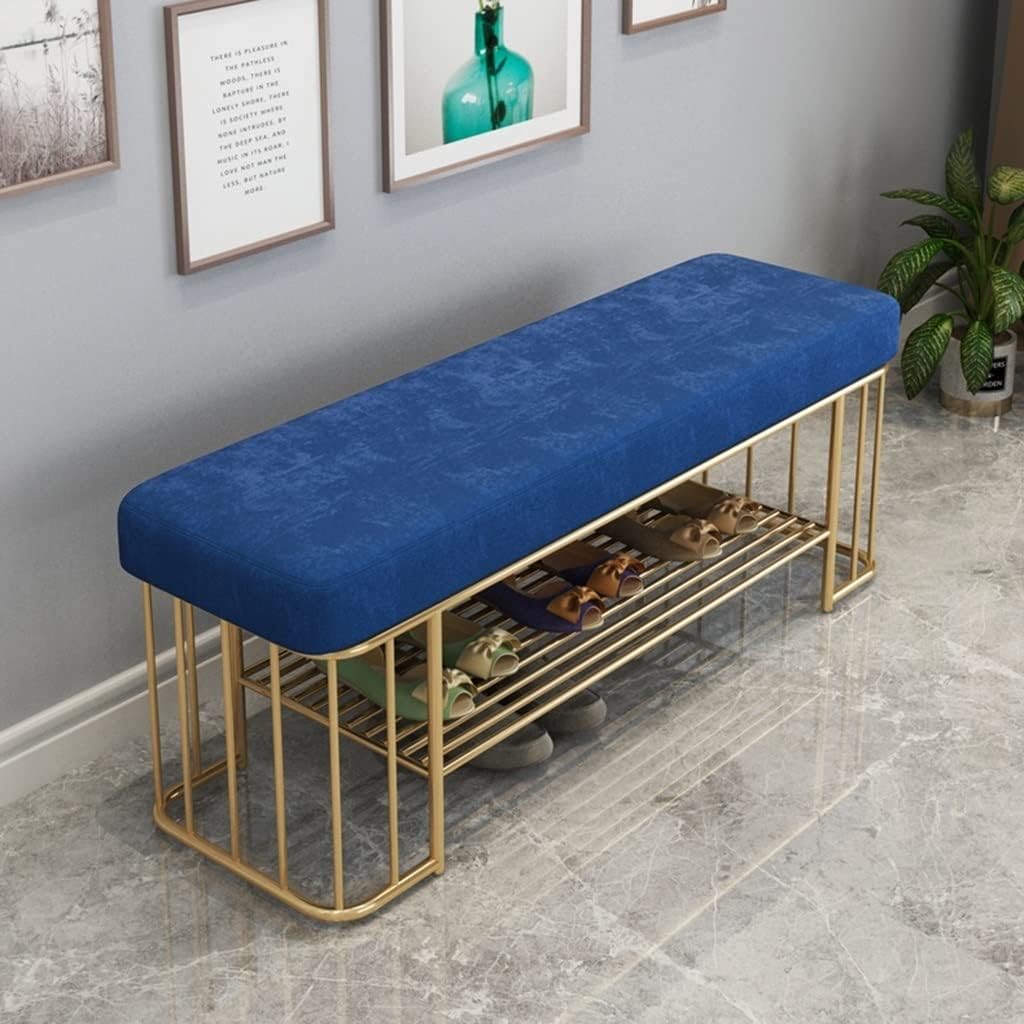 Shoe Bench 2 Tier Shoe Rack Bench Entryway Upholstery Bench with Metal Frame Ottoman Bench for Living Room (Color : Blue, Size : 80 * 35 * 45cm)