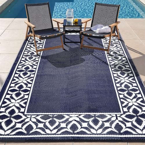Outdoor Plastic Straw Rug Navy Blue Large Outside Waterproof Outdoor Patio 5x8 Carpet Geometric Reversible Mat Modern for Camping RV Porch Deck Balcony Beach 5' x 8' (Rectangular) Geo | Navy