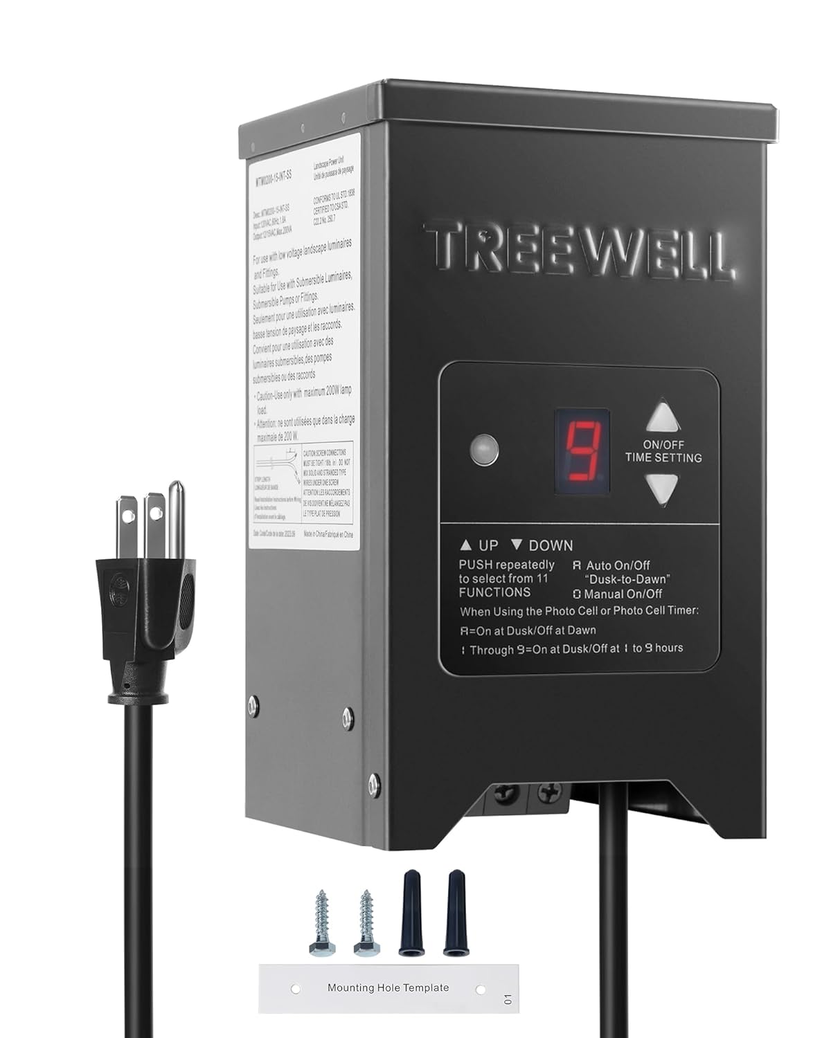 150W Low Voltage Landscape Transformer, Outdoor Landscape Lighting Transformer with Photocell Sensor & Timer, 120V AC to 12V/15V AC, Stainless Steel Waterproof Transformer, Black, ETL Listed