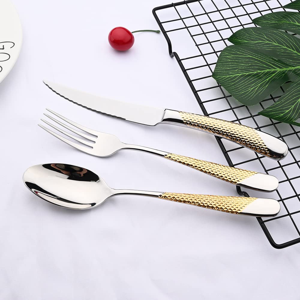 Ensemble de couverts en argenterie, ensemble vaisselle 24 pièces, acier inoxydable doré, dîner, couteau, fourchette, cuillère, lavable au lave-vaisselle