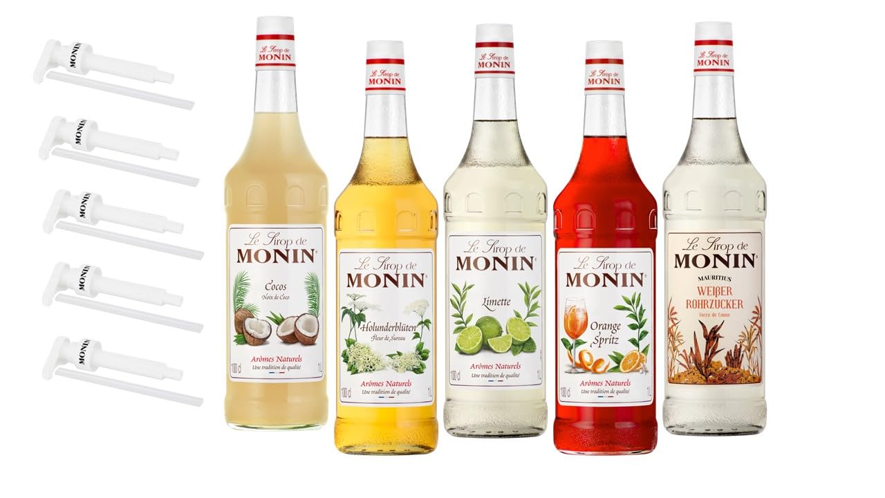 Monin Probierpaket Bar Cocktail 5 x 1 l - inkl. 5 Pumpen - Aromavielfalt für Cocktails und Desserts - Enthält Orange Spritz - Holunderblüte - Rohrzucker - Cocos - Limette