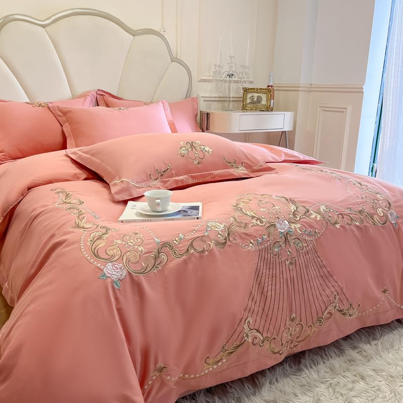 Image of JJ's Imported Skin Friendly Pure Washed Cotton Heavy & Beautifully Embroidered Wedding Style 5 Pcs King Size Double Bed Luxury Bridal Bedding Set with Heavy Comforter /Quilt (Peach)