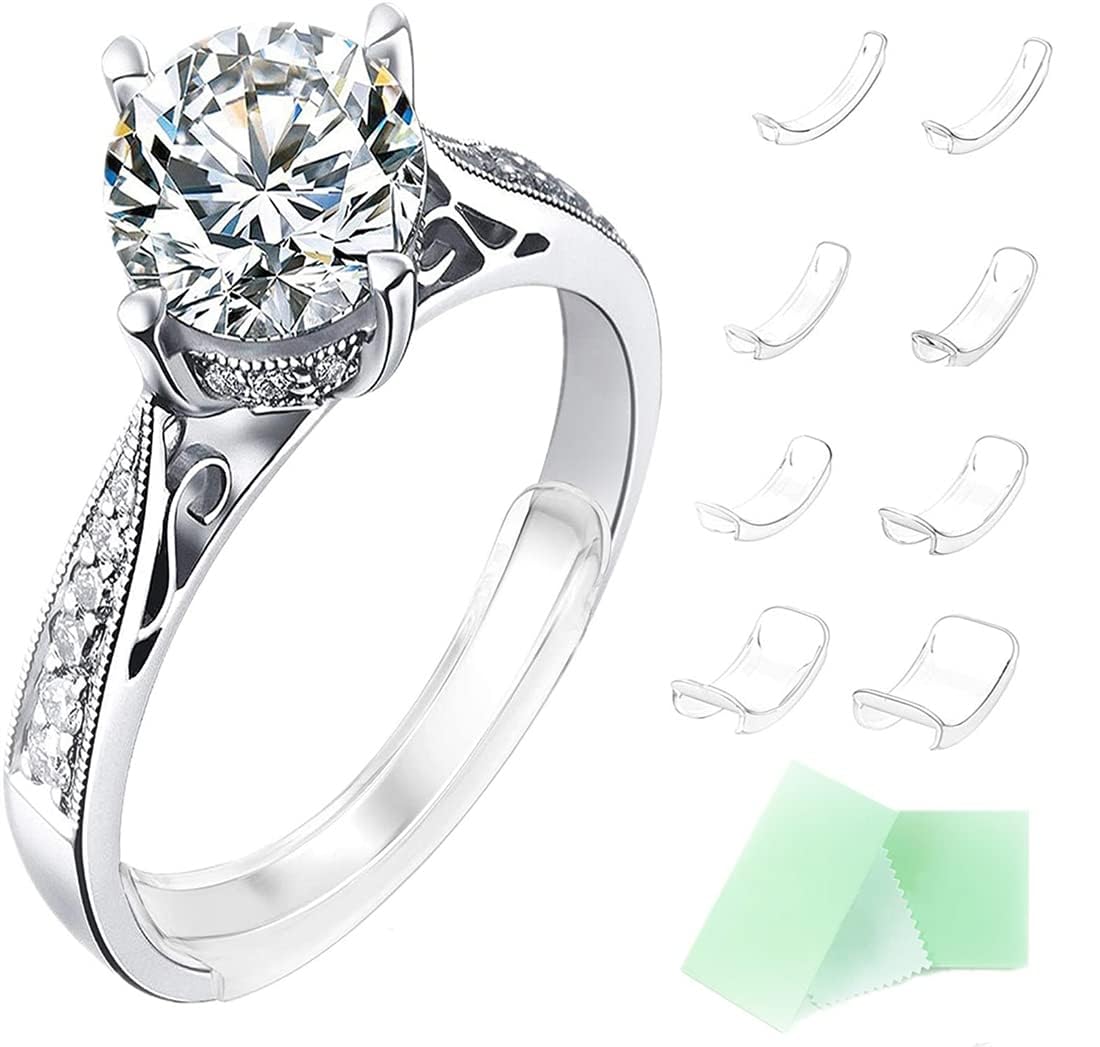 Azonee8 Pcs Ring Size Adjuster, Invisible Ring Size Adjuster for Loose Rings with 8 Sizes, Ring Adjuster Fit Any Rings Guard Spacer, Ring Size Reducer Spacer Ring Guard With Wiping Cloth