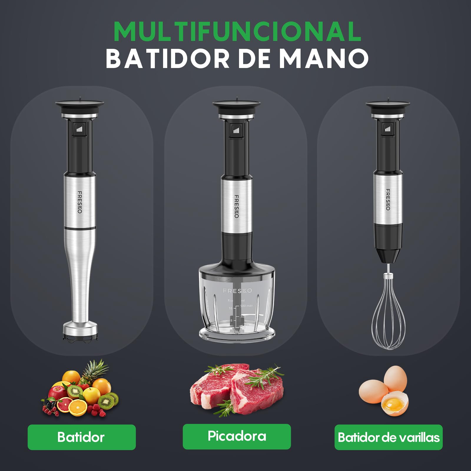 FRESKO Batidora de Mano 4 en 1 1000W, Velocidad Graduable, 4 Cuchillas Inox | Acero Inoxidable con Protector para Ollas, Batidora para Alimentos de Bebé, Sopas, Smoothies, Purés, Salsas, H9