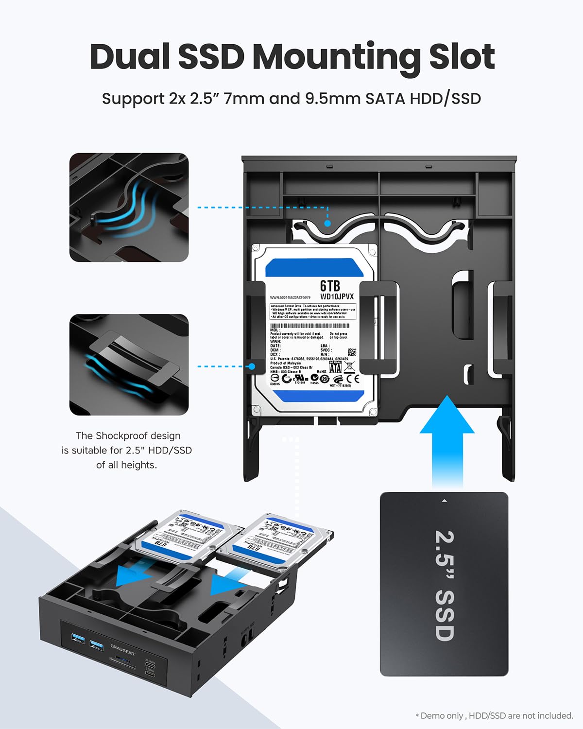 GRAUGEAR 5,25-calowy panel przedni PC do obudowy komputera z czytnikiem kart SD i 4-portowym HUB USB 3.2 I USB-C 20 Gbit/s I + ramka do montażu SSD I na 2 x 2,5" SATA SSD wewnętrzne I bez śrub do