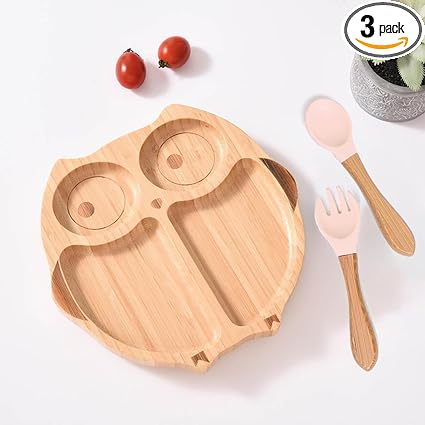 KIDS STATION Bamboo Owl Suction Plate with Feeding Spoon and Fork | 4 Sections | Super Strong Suction Cup | Ideal for Baby-Led Weaning & Toddler Self-Feeding | Natural Bamboo | BPA Free (Pink)
