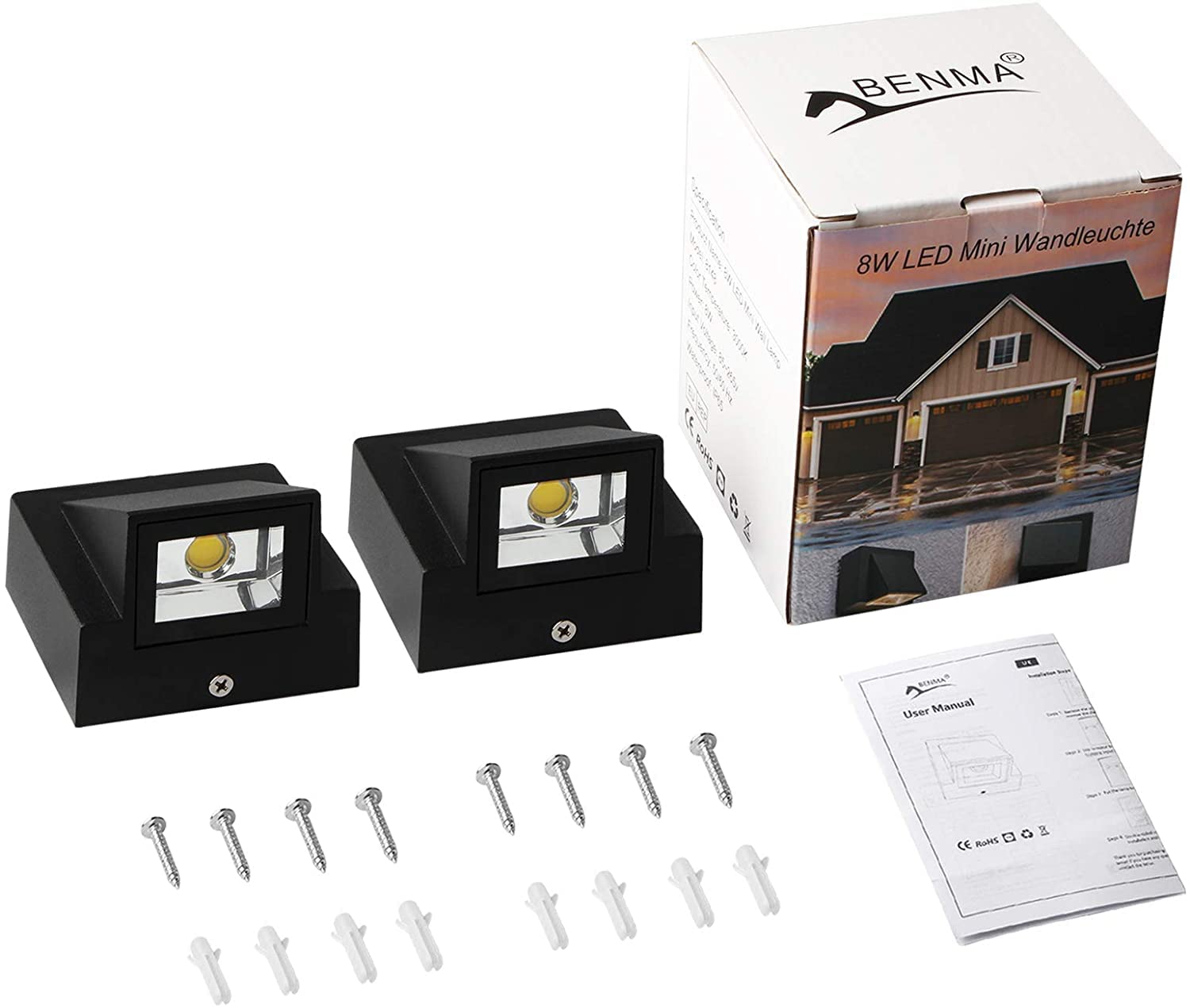 BENMA Wandleuchte - 2 Stücke, 8W - LED Wandlampe Innen/Außen, Wandlampe
