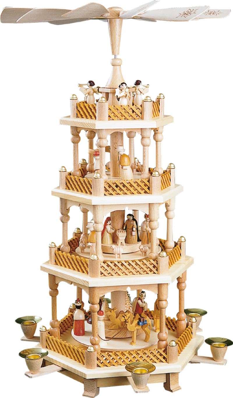 4- tier Pyramid Nativity Scene natural wood - 21 inch - 54 cm - Authentic German Erzgebirge Christmas Pyramids - Richard Glässer