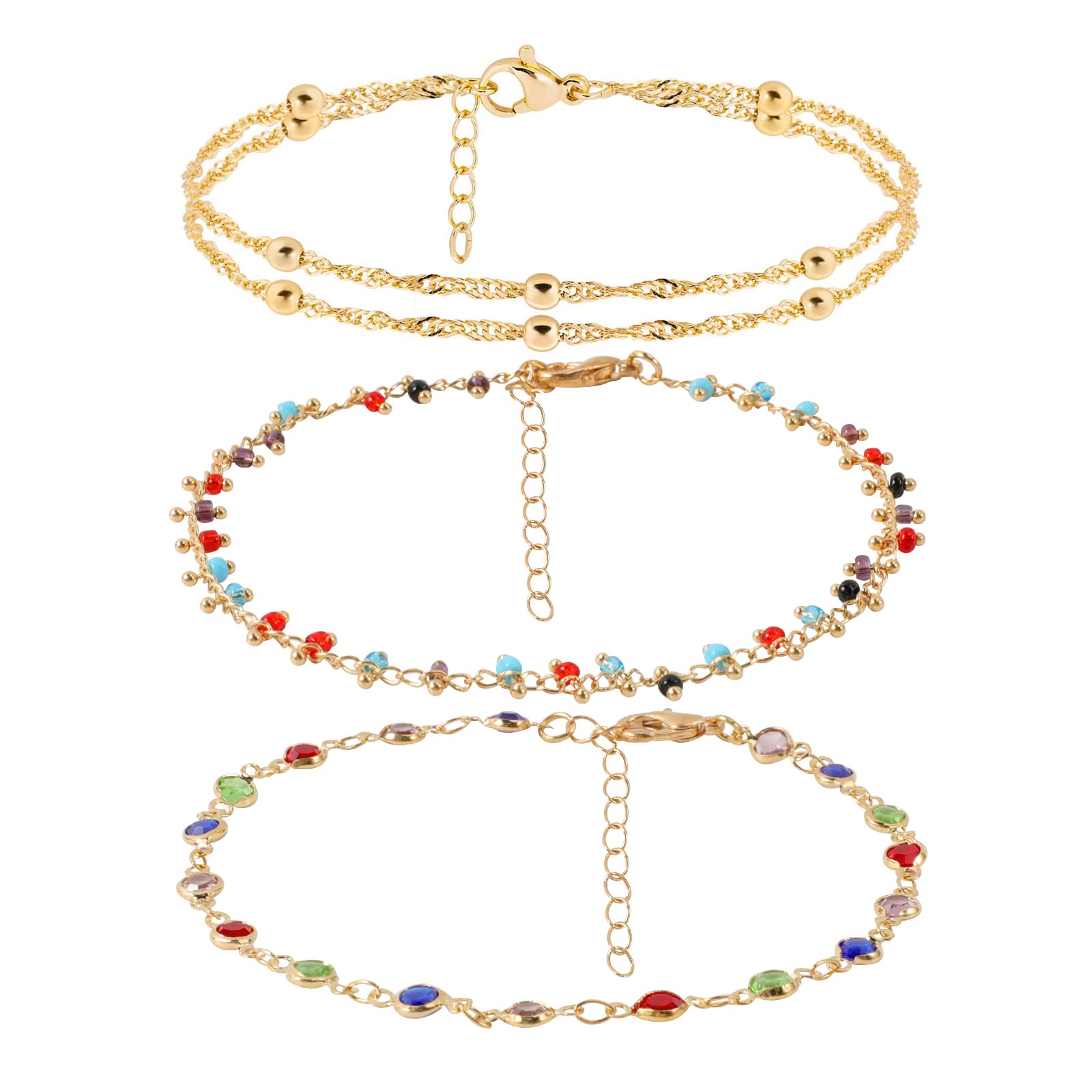 3 Pcs Ankle Bracelets for Women, Women's Gold Anklets for Women Waterproof Non Tarnish Jewelry Gold, Dainty Cuban Link Anklets for Womens Ankle