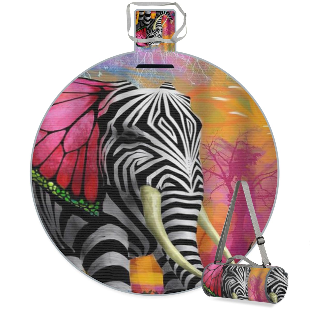 Shimoshe Zebra Striped Elephant Picnic Outdoor Blanket Foldable Waterproof Sandproof Beach Blanket Portable Water-Resistant Round Picnic Mat for Travel Camping Park Lawn