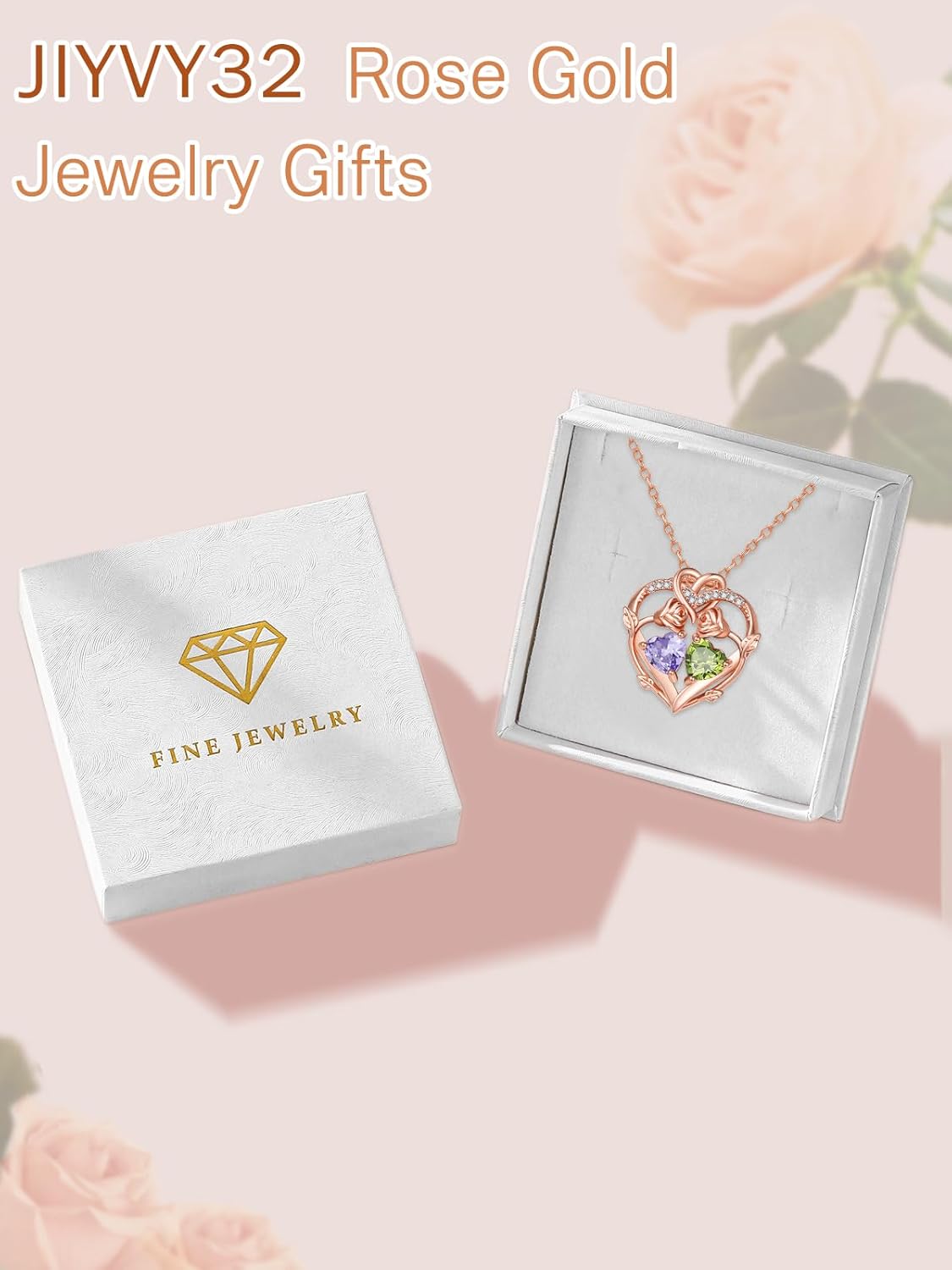 Rose Gold Necklaces for Women Double Birthstone Rose Flower Heart Pendant Necklace Jewelry Anniversary Christmas Valentine's Mother's Day Birthday Gift for Wife Mom Her Girlfriend Sister - Image 6