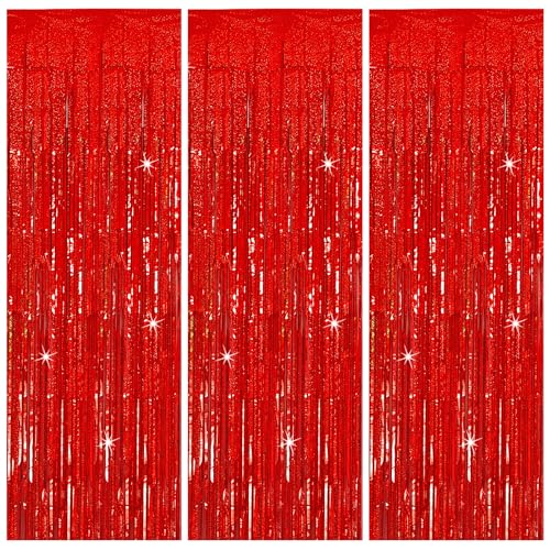 3 Pack Red Streamers Party Backdrop Christmas Decorations Foil Fringe Backdrop Curtains Carnival Casino Theme Birthday New Year Holiday Celebration Bachelorette Party Decorations Supplies