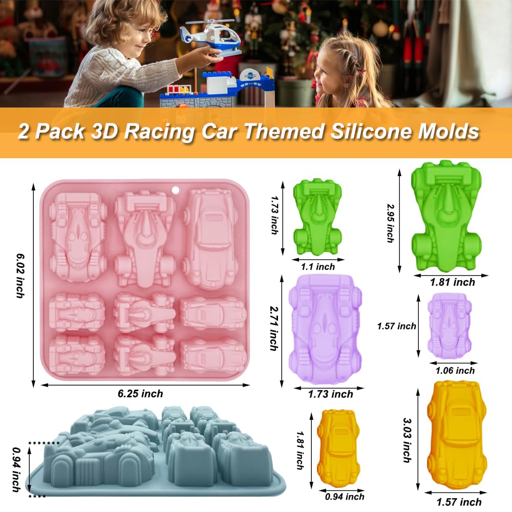 Paquete de 2 moldes de silicona para gelatina de coche de carreras, 9 cavidades, 3D, con temática de coche, bandeja de cubitos de hielo, herramienta de horneado para niños, pastel de chocolate,