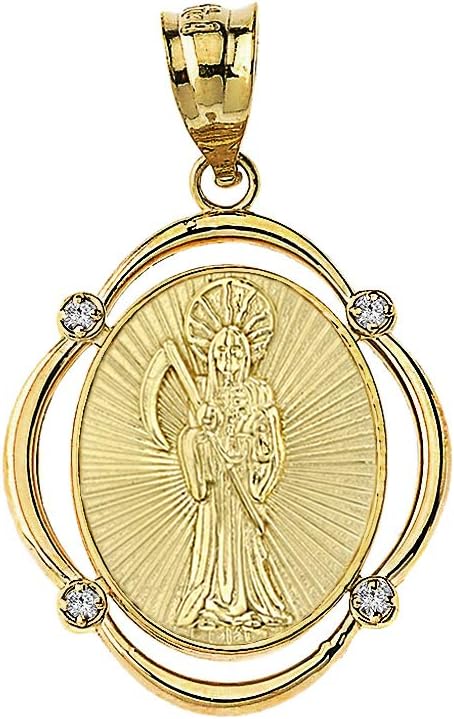 Solid 10k Gold Santa Muerte (Grim Reaper) Diamond Oval Frame Pendant