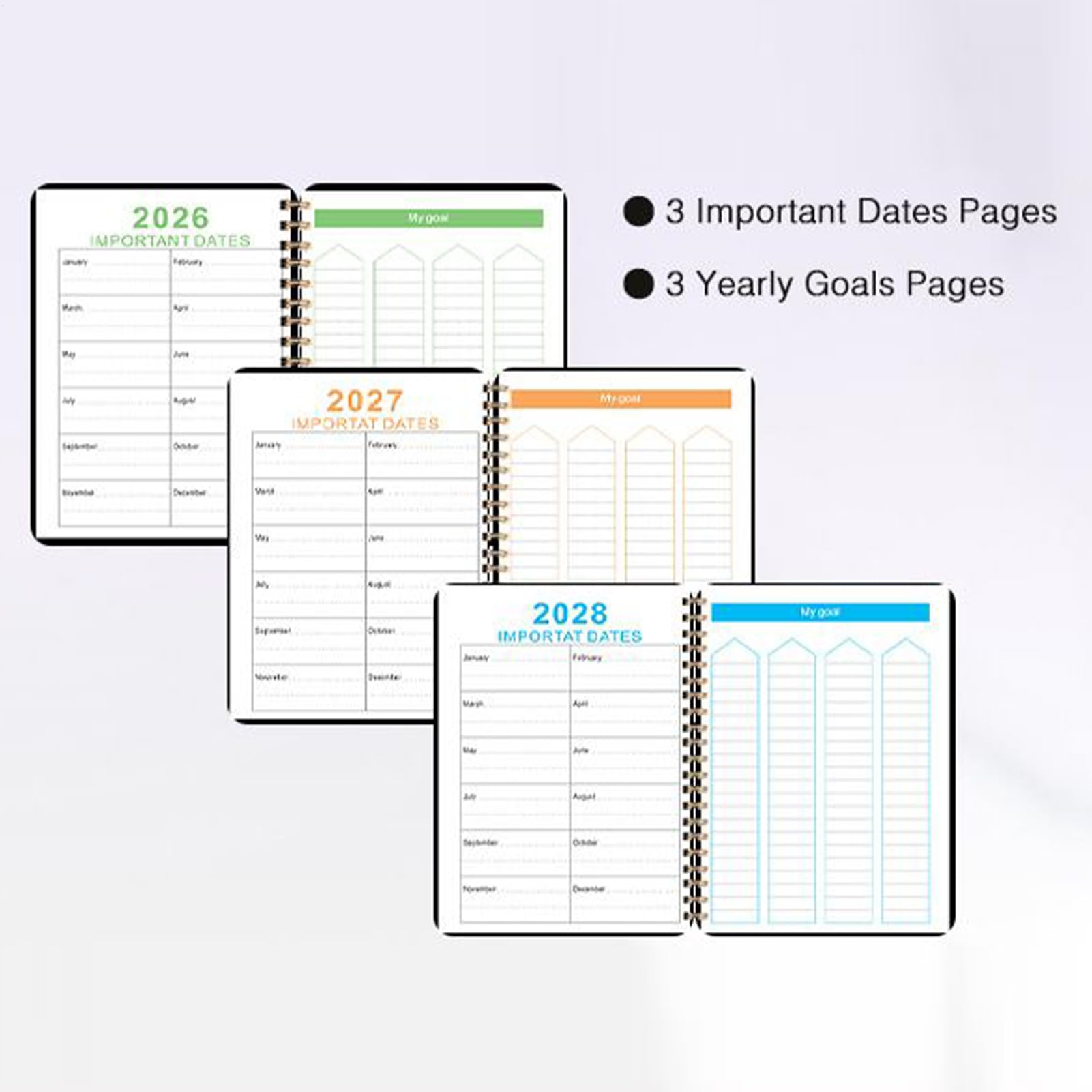 Planificateur de calendrier 2026-2028 – Agenda de rendez-vous mensuel, carnet relié en spirale avec 36 intercalaires mensuels, notes de travail et affaires