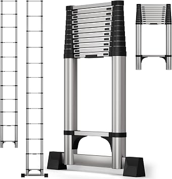 Telescoping Extension Ladder 12.5 FT, Folding Telescopic Aluminum Ladders, Lightweight Collapsible Ladder Step for RV Roof Attic Home, 330 LB Capacity 12.5 FT