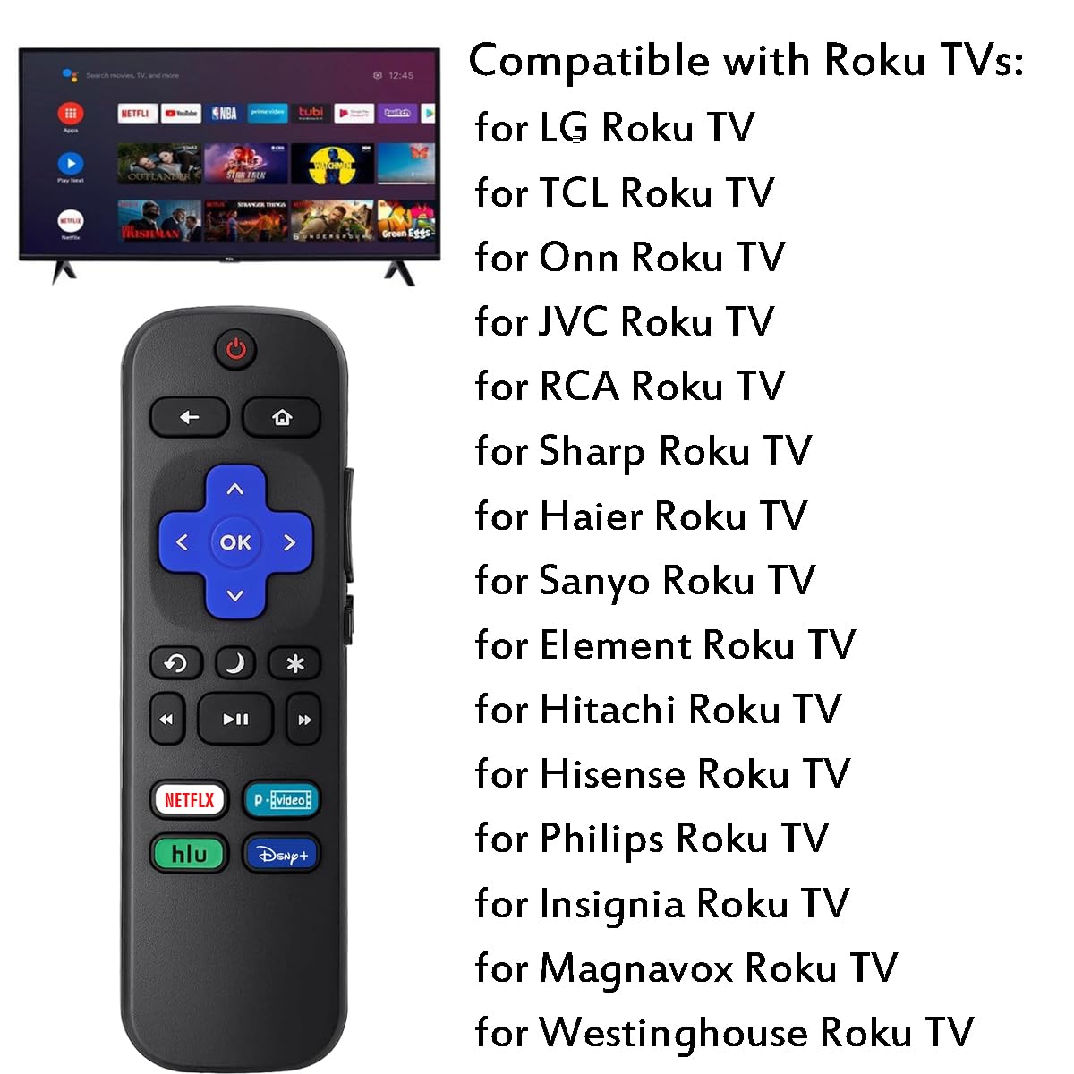 Lot de 2 télécommandes de rechange compatibles avec Roku TV, télécommande universelle pour téléviseurs intelligents Hisense/Onn/TCL/Sharp/Element/Philips/Hitachi/JVC/RCA/Insignia/Sanyo/LG RokuSeries