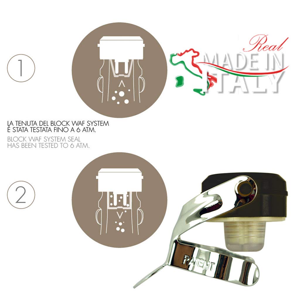 EUPOSIA - Made in Italy - SUPERTAPPO - Set di Stopper Universale Vino & Champagne - BLOCKWAF System fino a 6 Atm. - In Acciaio Cromato e Silicone - Mod. 1920 con Aletta INOX (Nero-6 pz)