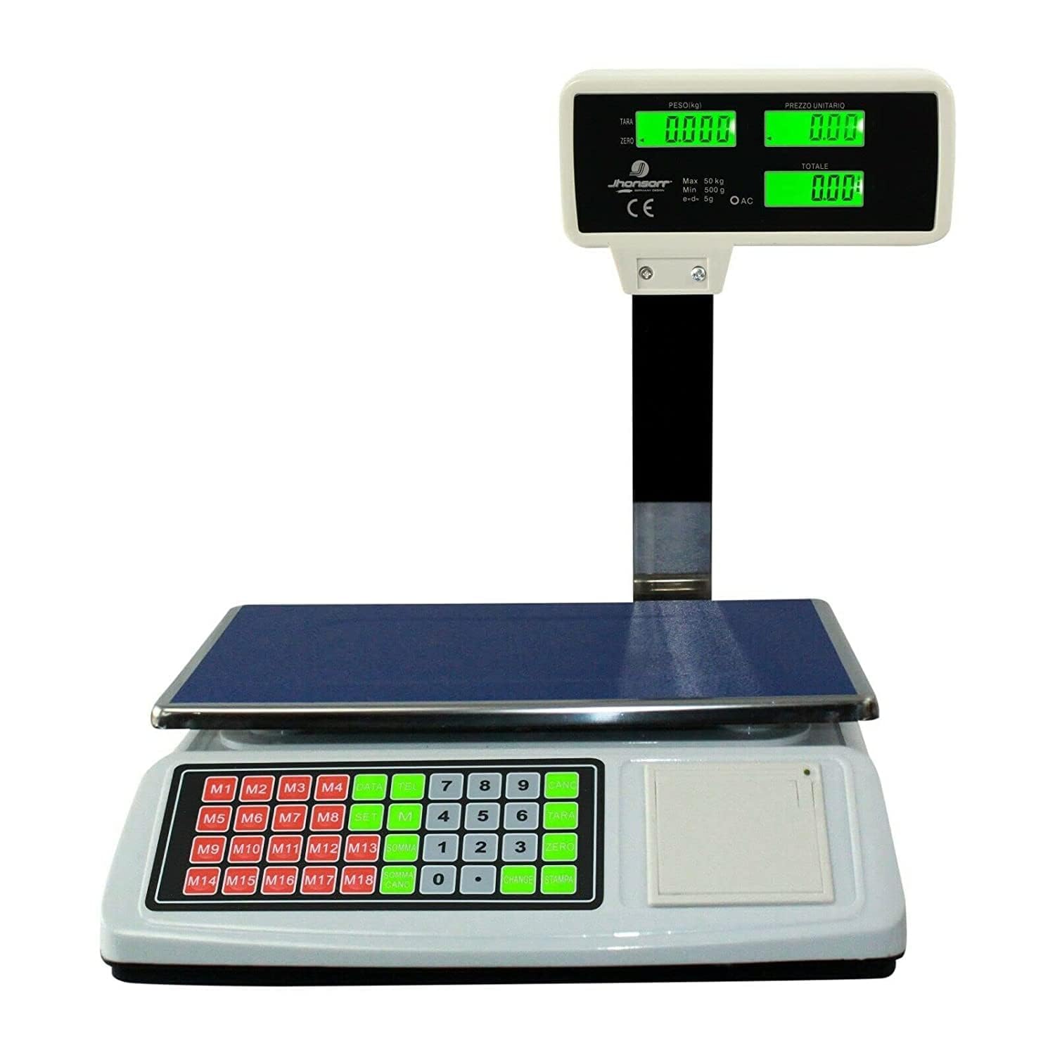 Bilancia da banco Bilza con scontrino elettronica portata 50kg, 6 display LCD retroilluminati, memoria prodotto, stampa ricevuta