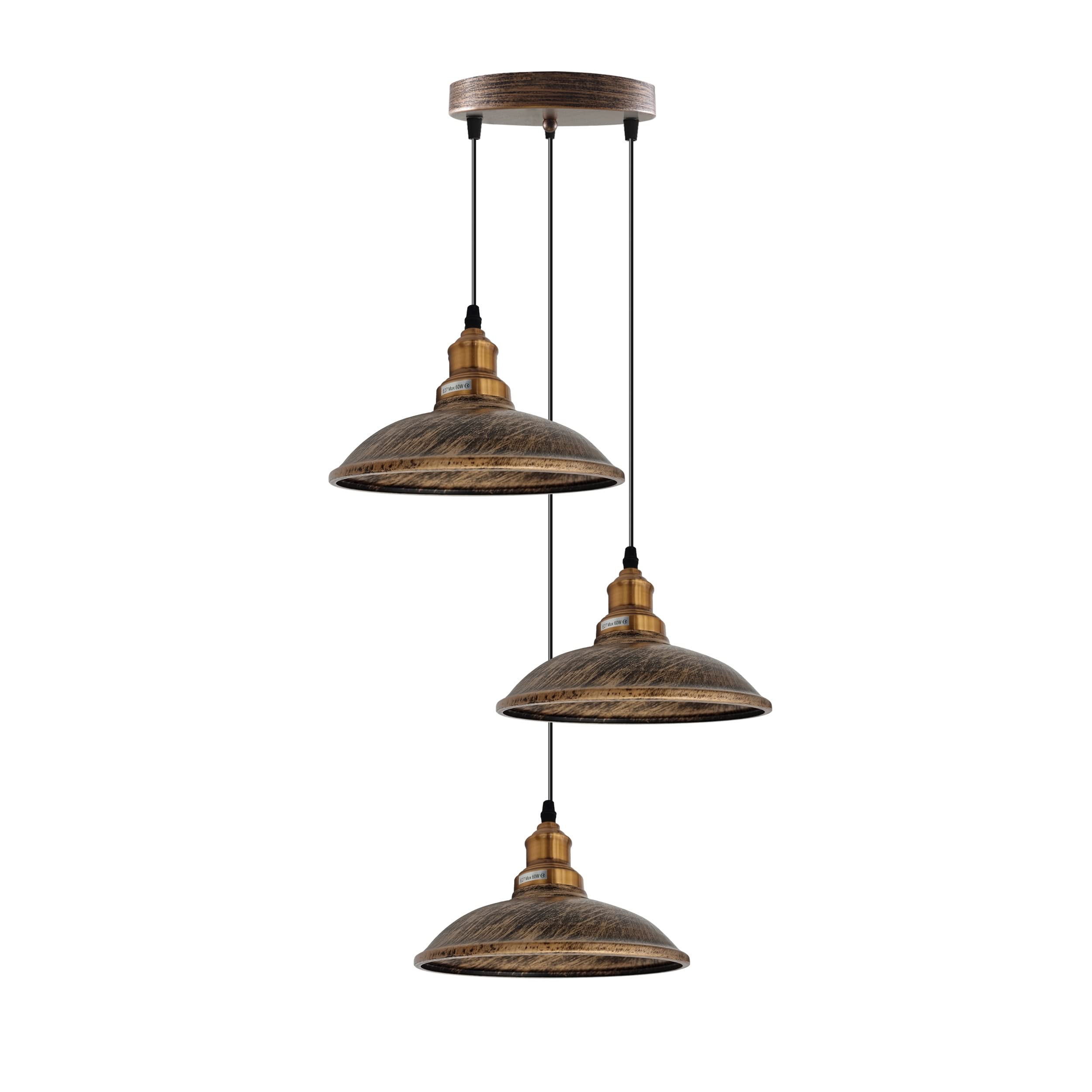 LEDSone Industrial 3 Head Pendant Ceiling Light, Metal Rustic 24cm Lamp Shade in 3 Point Outlet, Adjustable 1m Loft Cable with E27 Base Holder for Kitchen Island, Living Room Bedroom, ★with 3 Bulbs★