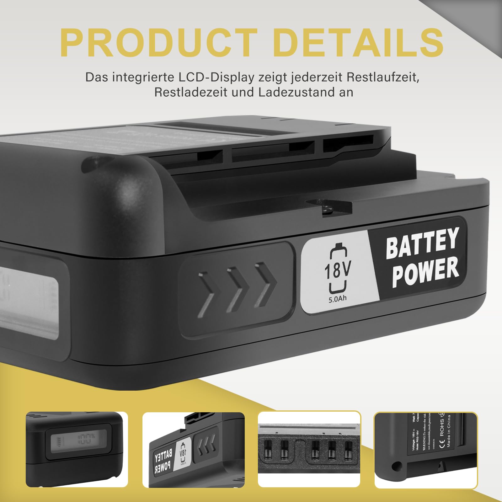 5.0 Ah Lithium-Ionen-Akku, kompatibel mit KARCHER 18 V Starter Kit 18/50 und Allen Geräten der 18-V-Battery-Power-Plattform (Schwarz)