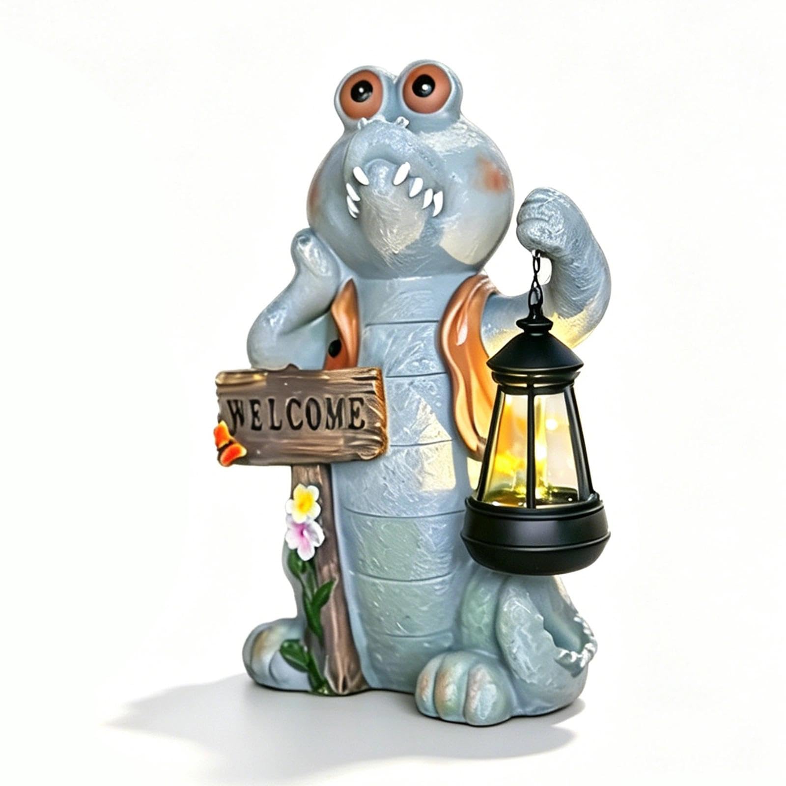 Solar Krokodil Gartenfigur,Niedliche Krokodilstatue mit LED Laterne,Lustiges Krokodil Figur mit Welcome Schild,Automatisch Wetterfest,Tierdeko für Außen Garten Rasen Terrasse Hof Balkon(Grau)