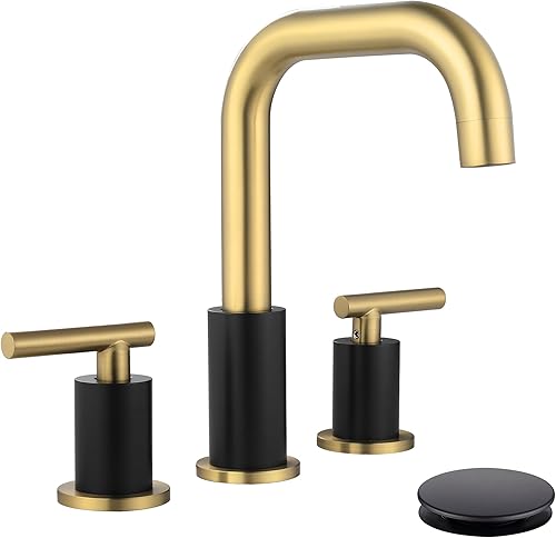 Grifo de baño extendido de 8 pulgadas con desagüe y manguera de suministro, grifo de baño negro y dorado para lavabo de 3 orificios, grifo de lavabo