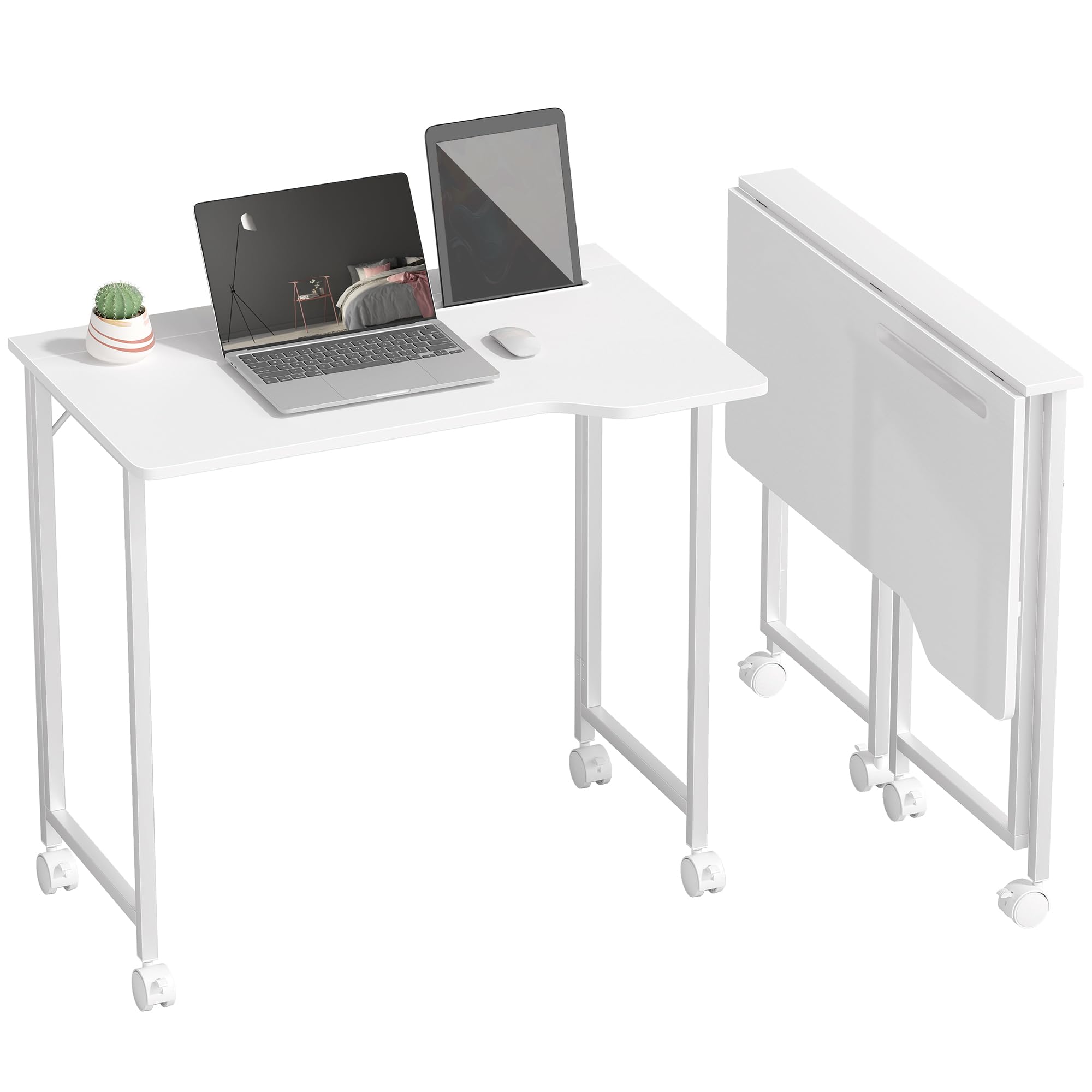HOMCOM Small Folding Desk, 80 cm Foldable Computer Desk on Wheels for Small Space, Space Saving Writing Table with Device Slot for Home Office, Bedroom, Easy Assembly, White Wood Effect