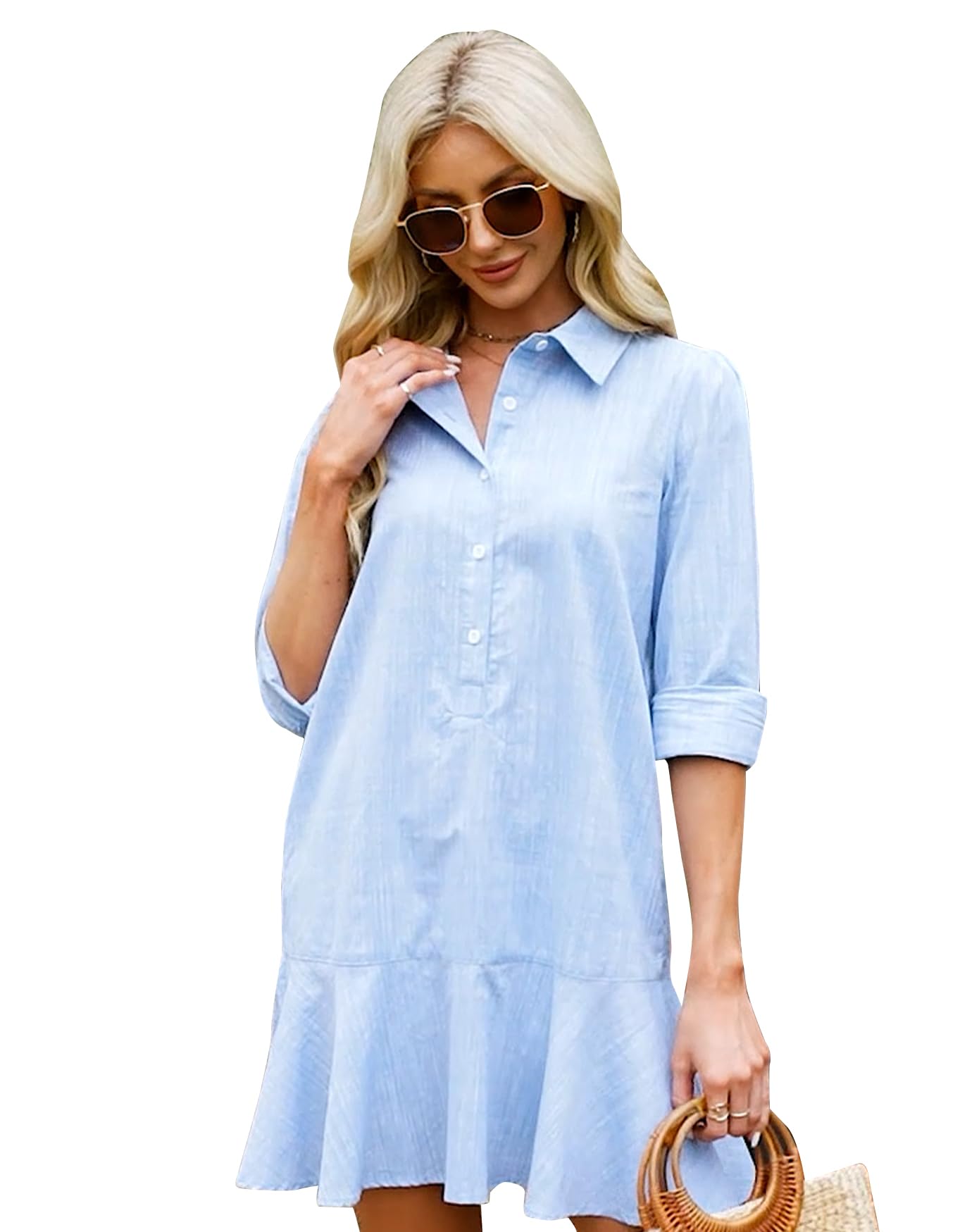 Sponsored Ad - Women's Tunic Mini Shirt Dress Cotton Long Sleeve Ruffle Hem Dress Button Up Shift Chambray Dresses