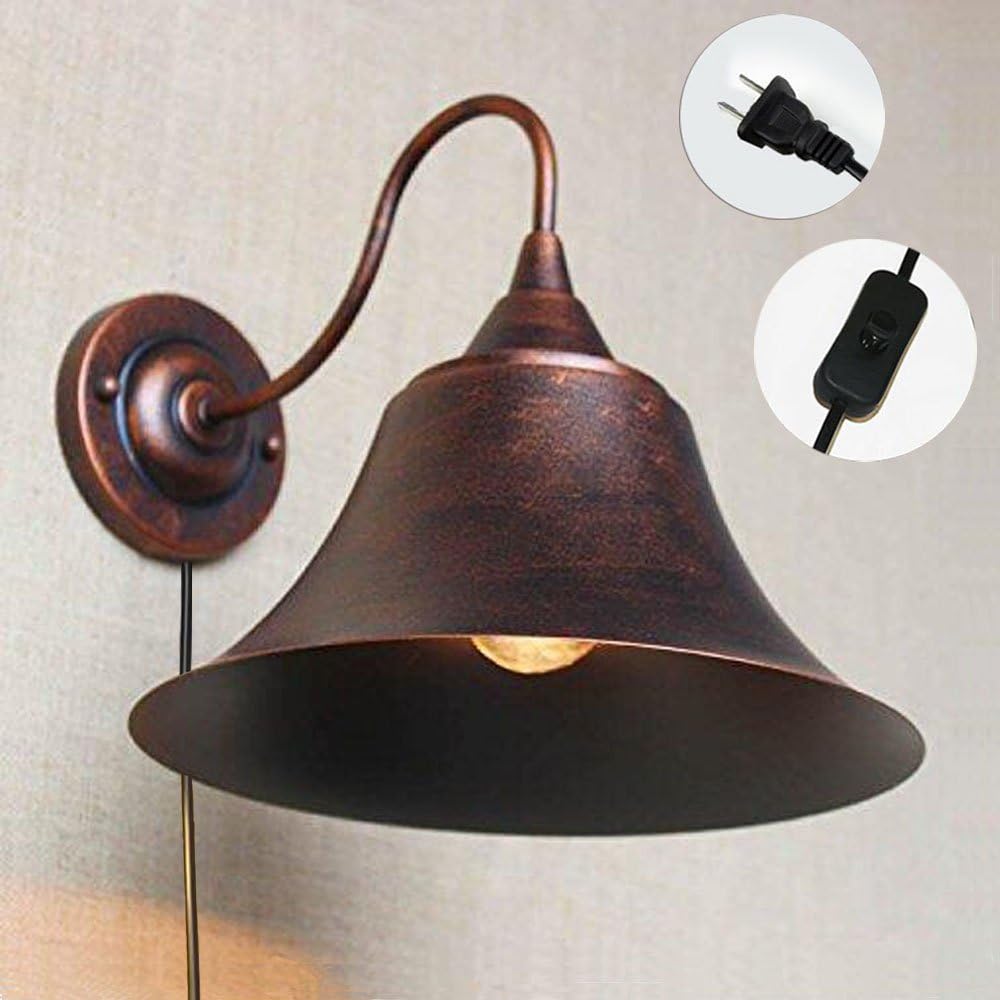 Kiven Gooseneck Metal Wall Sconce 1 Light Fixture E26 UL Certification Plug-in Button Switch Cord Lighting Industrial Style Iron Art Wall Lighting Bulbs Included