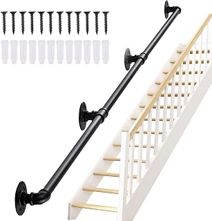 Seeutek Staircase Handrails 10FT Handrails for Indoor Stairs Stair Railing Hand Railings for Stairs Metal Railing Black Wrought Iron Pipe Handrail with Wall Mount Support