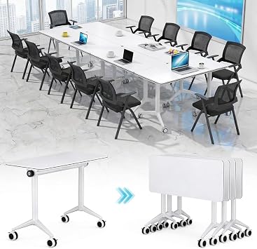 Folding Conference Table with Wheels & Flip Top - Modular Mobile Meeting Table for Office, Training Seminar, Space Saving Design, Easy Folding Classroom Table 1, White, 47x16x30 in